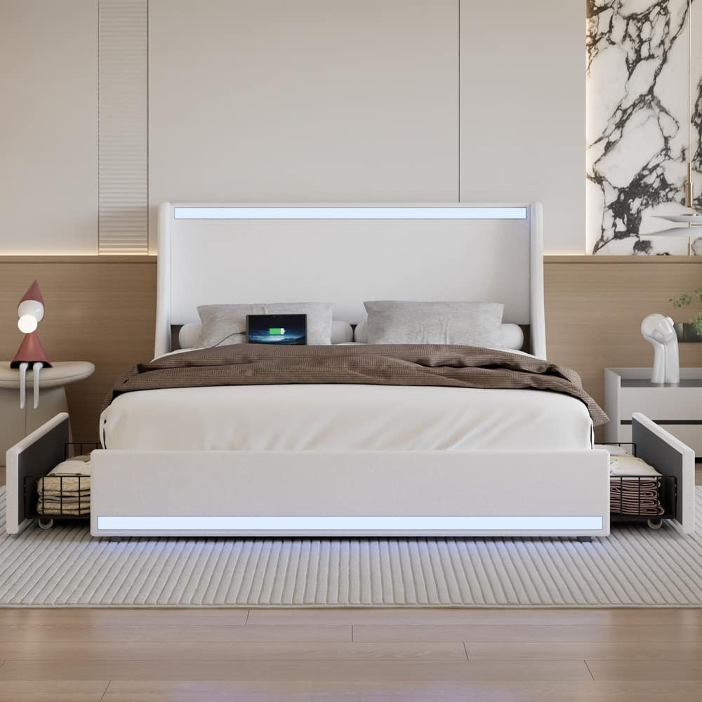 Javlergo Bed Frame with LED Lights and Charging Station Linen Fabric Bed with Drawers Wooden Slats