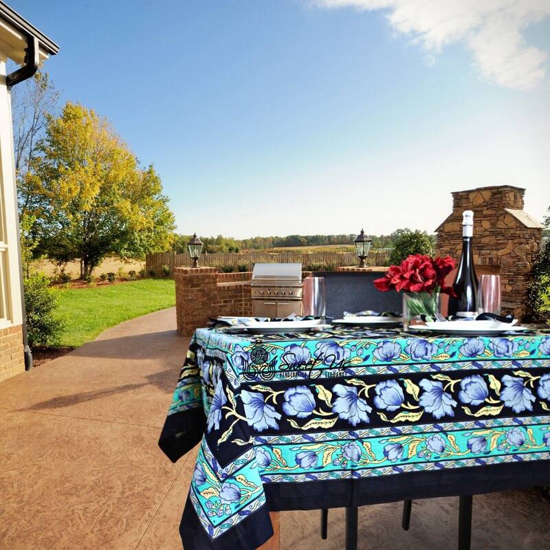 Affluent French Country Floral Cotton Tablecloth Square, Rectangle - 60 x 60 in - Blue Green