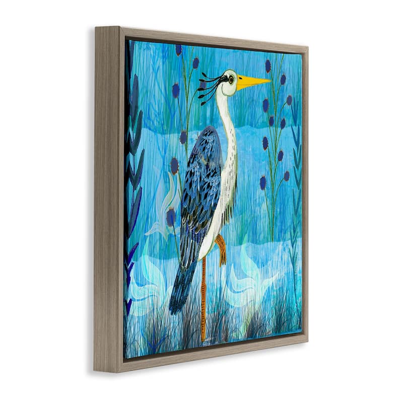 Stupell Standing Crane with Blue Tones Framed Floater Canvas Wall Art Design By Kay Widdowson