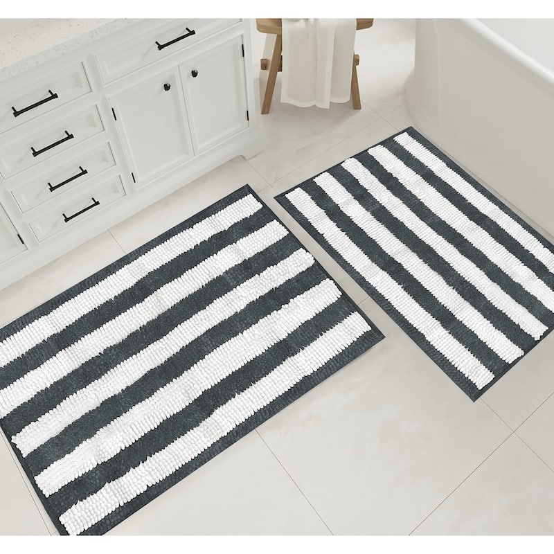 Large 2 Piece Set Charcoal Grey White Stripe Soft Cozy Plush Chenille Bath Mat Bathroom Rug - Grey & White