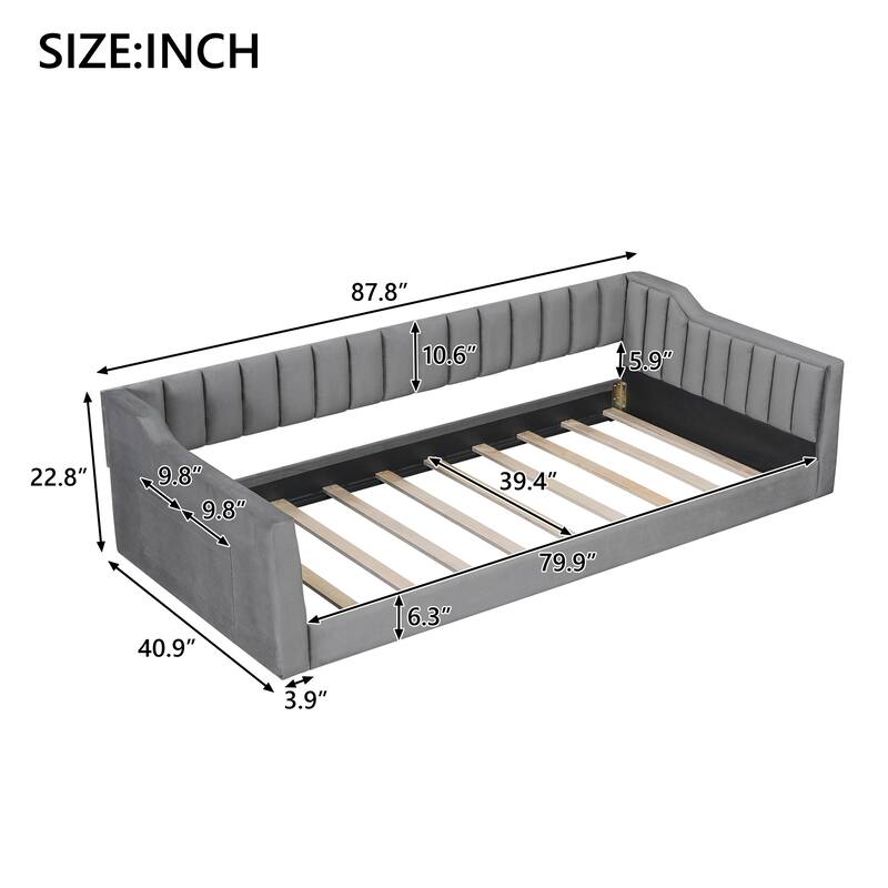 Upholstery Floor Bed Frame, Twin XL Size Daybed and Side Storage Pocket, Velevet Low Profile Bed, No Box Spring Required