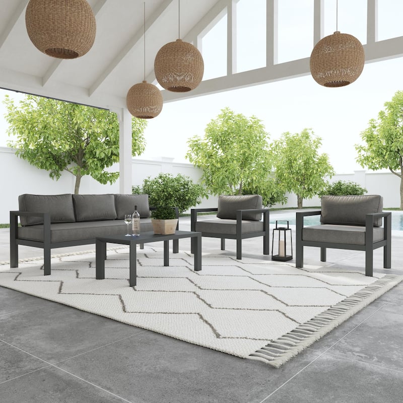 Homestyles Grayton Outdoor Aluminum Sofa with Lounge Chairs and Coffee Table - 81" x 26" x 29"