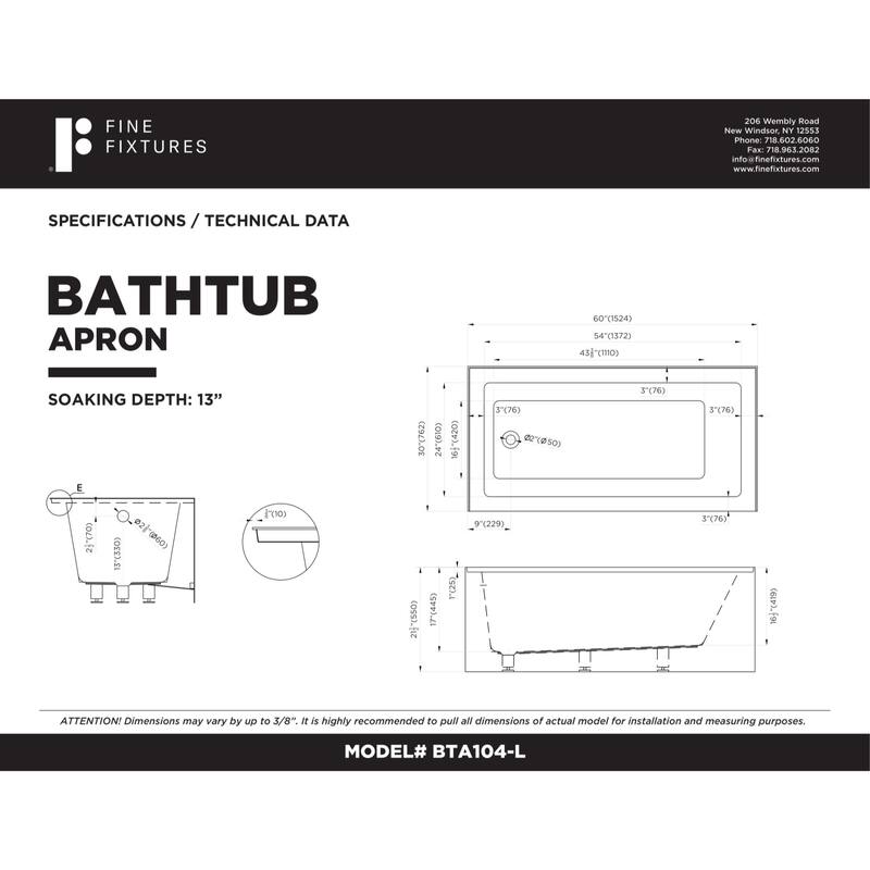 Fine Fixtures Acrylic-Fiberglass Soaking Bathtub, White. Alcove/Apron Front
