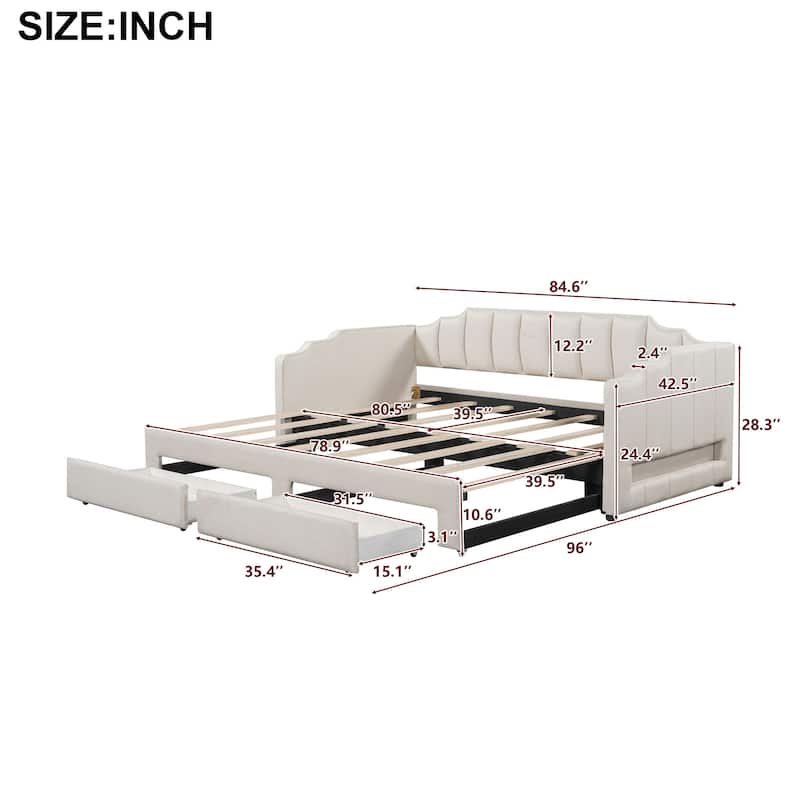 Extendable Twin XL to King Upholstered Daybed with Storage Drawers and LED Light, Beige