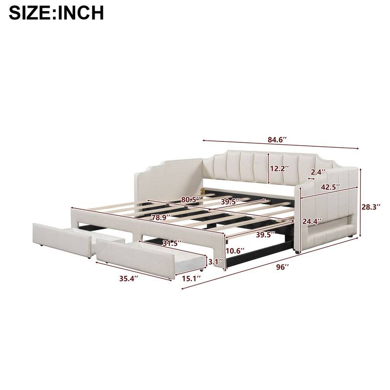 Roomfitters Twin XL Upholstered Daybed with LED Lights and 2 Storage Drawers, Extendable Pull-Out Sofa Bed Frame