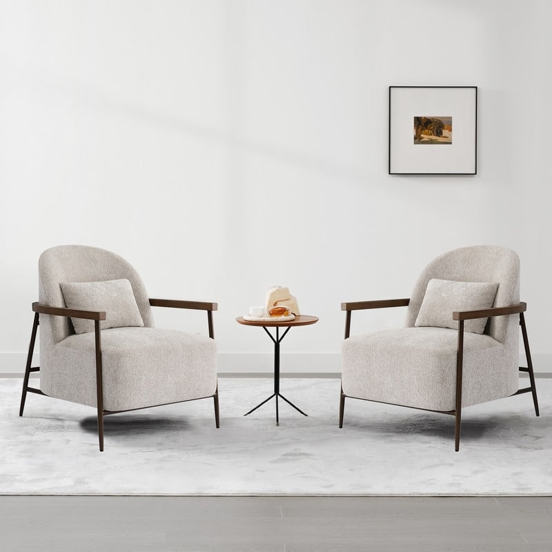 Spruce & Spring Anthony Modern Upholstered Faux Sherpa Chair with Wood Arms&Metal Legs - Set of 2 - Grey-Smooth Woven Fabric