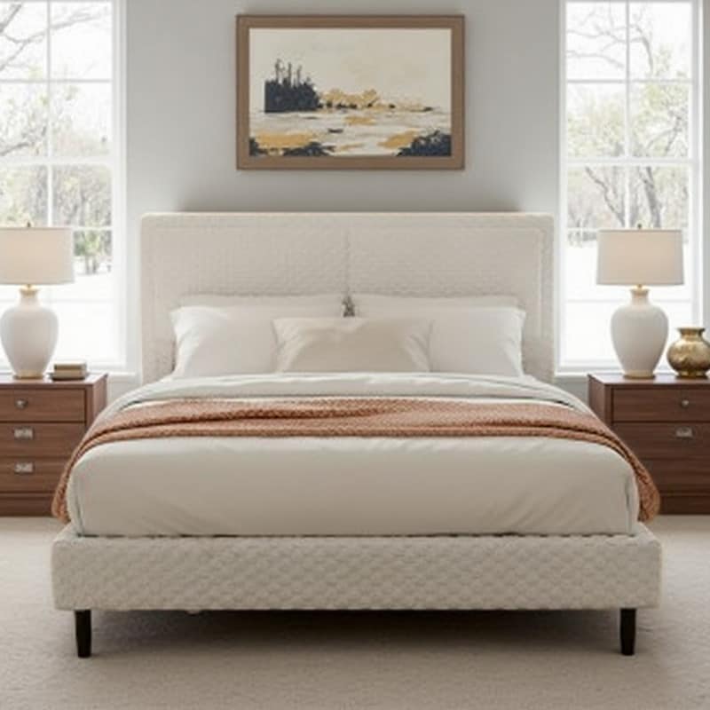 Plush Upholstered Bed with Soft Padded Backrest, Modern Minimalist Design & Solid Wood Frame Construction