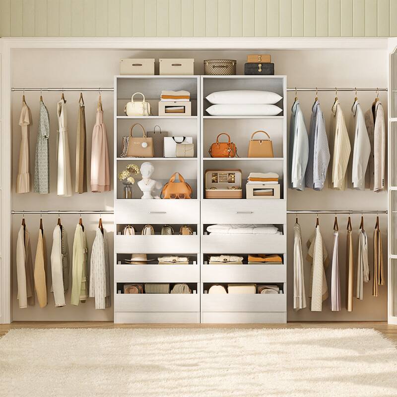Qvella 95''-136'' W Closet System with 8 Wooden Drawers and 4 Hanging Rods, Walk-in Closet Organizer with 6 Storage Shelves - White