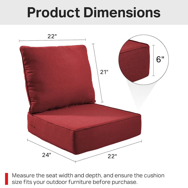 22" W x 24" D x 6" T Water & Fade Resistant Outdoor Lounge Chair Replacement Cushion Set
