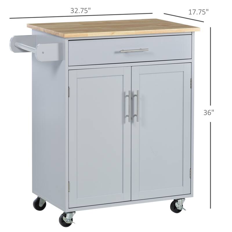 Kitchen Island on Wheels, Rolling Kitchen Cart with Rubber Wood Countertop, Drawer, Towel Rack and Spice Rack