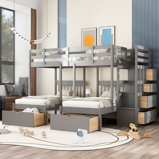 Full Over Twin & Twin Bunk Bed with Drawers, Triple Bunk Bed with Guardrails, Pine Wooden Bed with Staircase, Grey