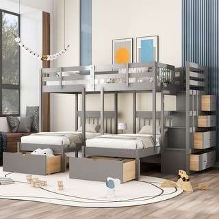 Wood Triple Bunk Bed with Drawers and Guardrails