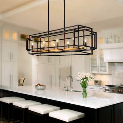 Modern 8-Light Black Gold Chandelier Linear Pendant Light for Kitchen Island - N/A