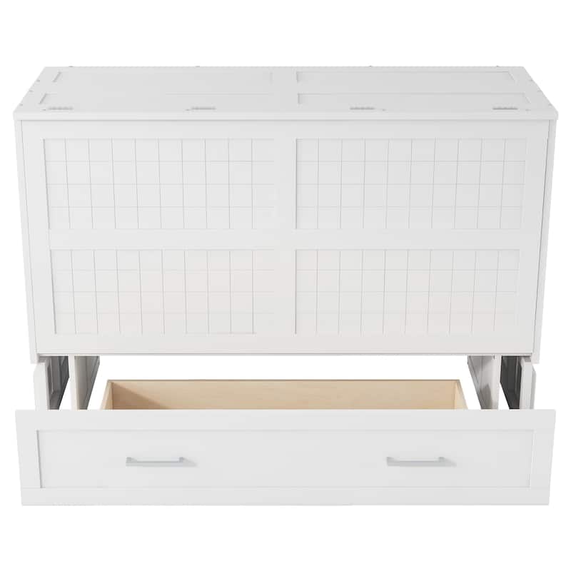 Queen Size Mobile Murphy Bed with A Big Storage Drawer, Solid Pinewood Murphy Cabinet Bed with Little Shelves on Each Side