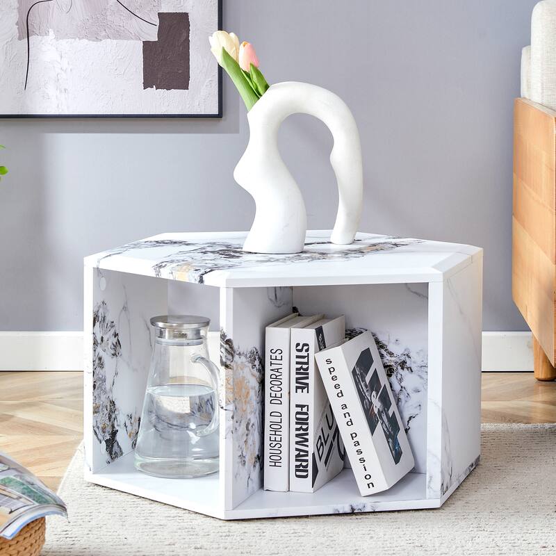 Roomfitters Hexagonal Coffee Table with Patterned MDF Finish, Modern Multi-Use Storage Table for Living Room - White Marble