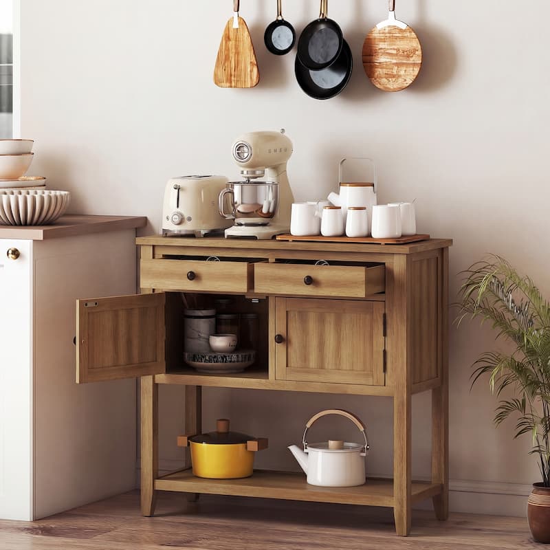 Costway Mid-Century Console Table with 2 Drawers, 2 Cabinets & Bottom - See Details