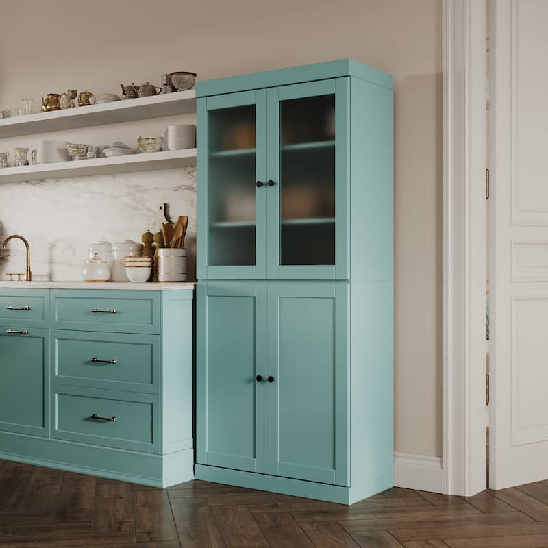 Palace Imports 100% Solid Wood 32" Pantry Cabinet with Frosted Glass, Shaker Doors and Adjustable Shelves - Aqua Blue