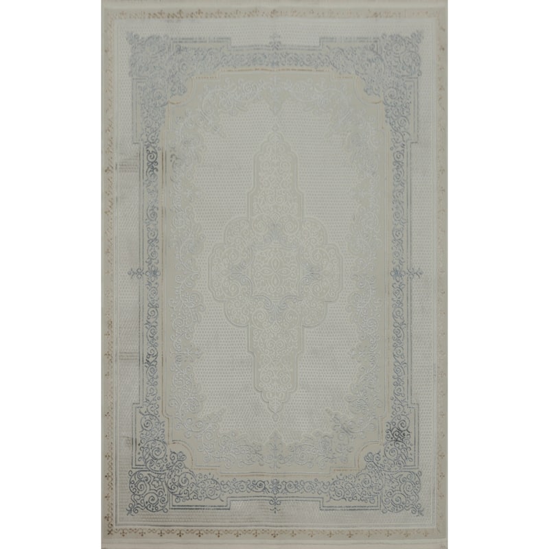 Machine Made Oriental Polyester Carpet Traditional Medallion Beige & Ivories Tabriz Area Rug - 7' 5'' X 5' 2''