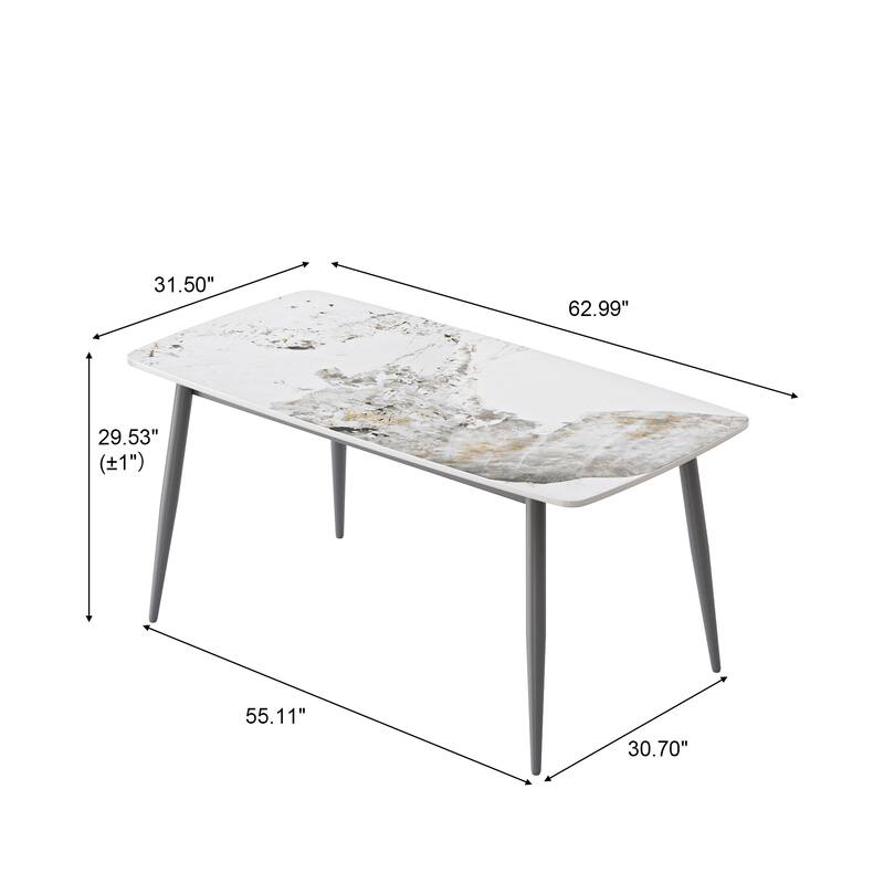 63" Rectangle Modern Sintered Stone Dining Table, Industrial Kitchen Table with Metal Legs for 6 People