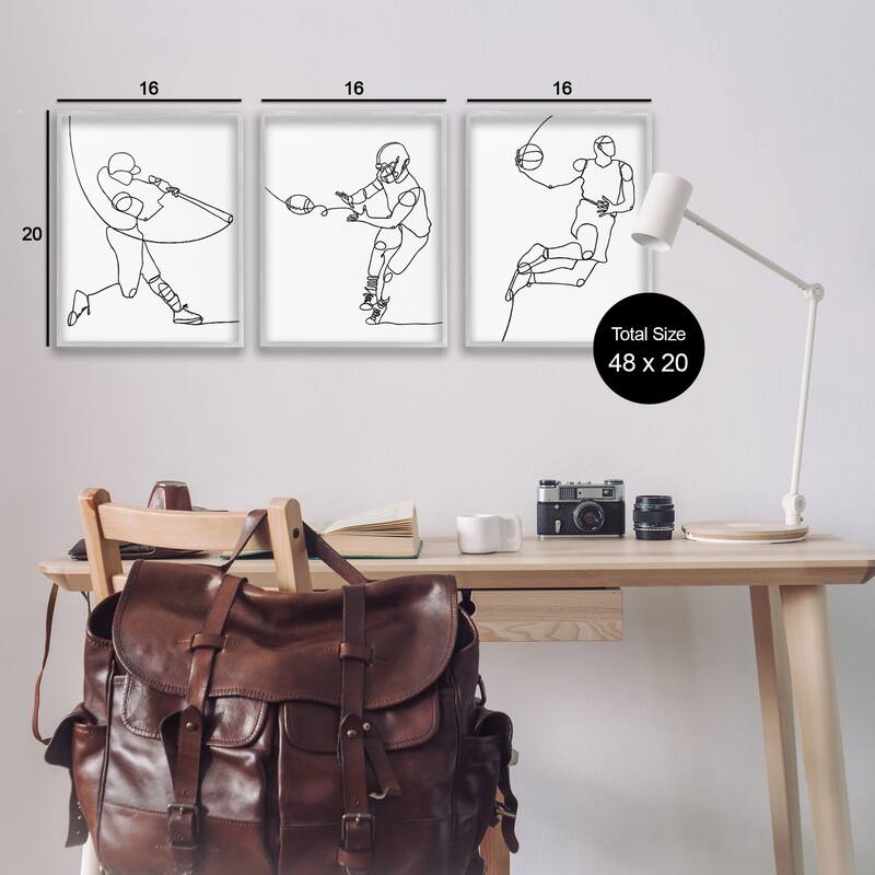 Stupell Simple Line Doodle People Playing Sports Baseball Football Basketball Framed 3 Piece Wall Art - Black