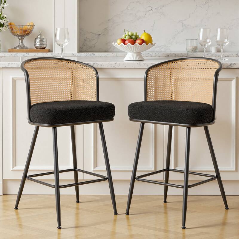26"/29" Rattan Upholstered Bar Stool /Counter Stools Set of 2/3/4 - Set of 2 - Fabric-Black - Counter Height