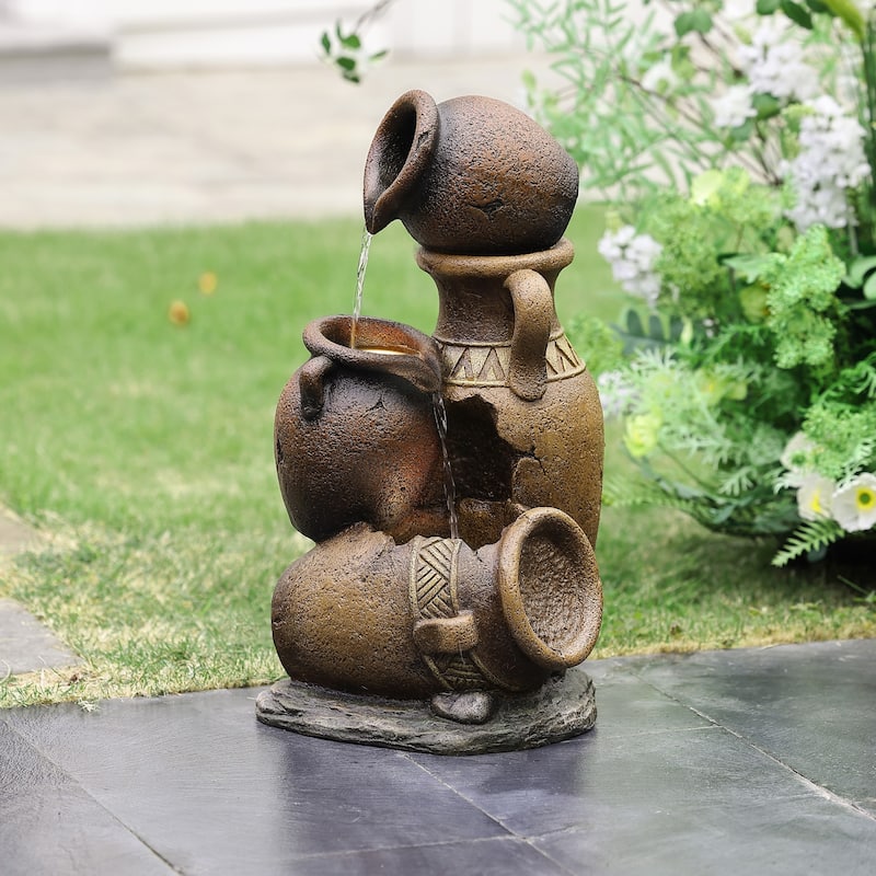 Brown Urns Resin Outdoor Fountain with LED Lights