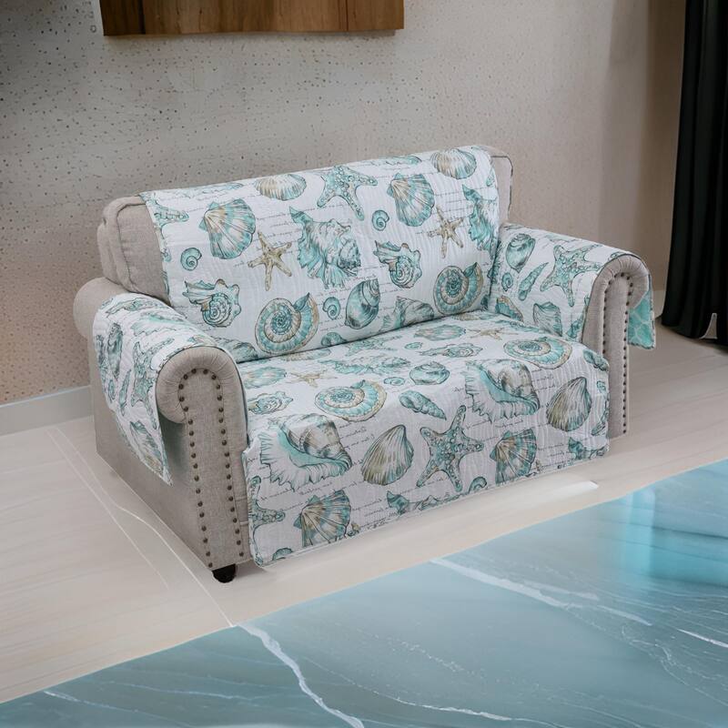 Jiye 103 Inch Wave Quilted Loveseat Cover, Seashell Design, White Polyester