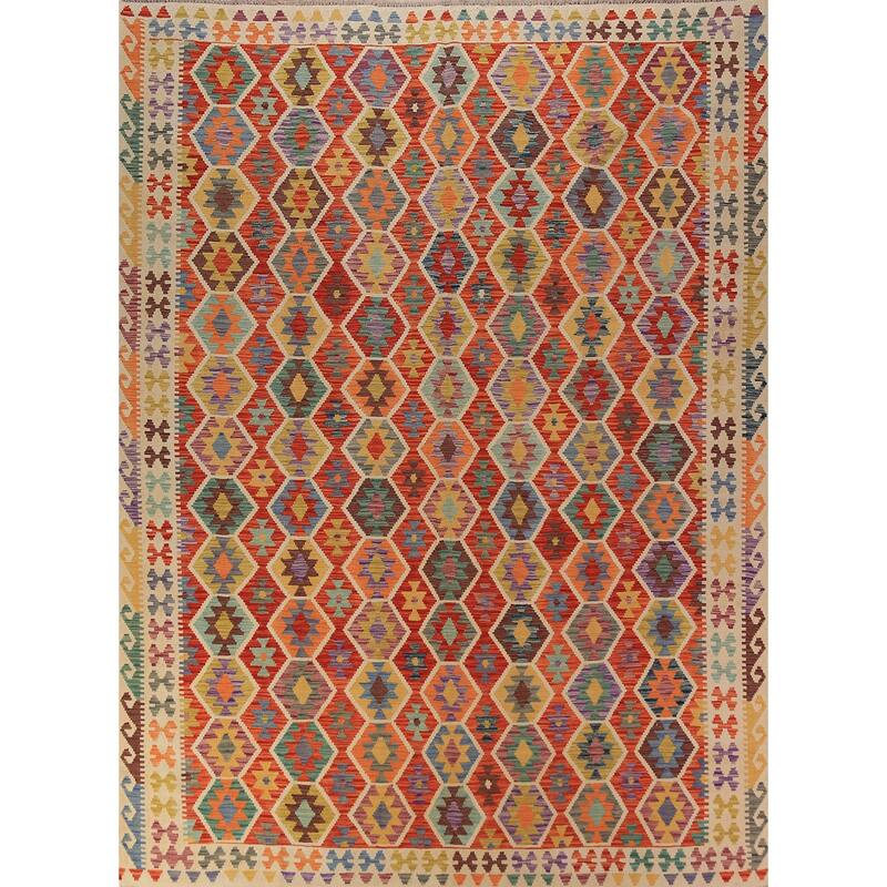 Orange Kilim Oriental Area Rug Flatweave Reversible Wool Carpet - 8'6"x 11'6"