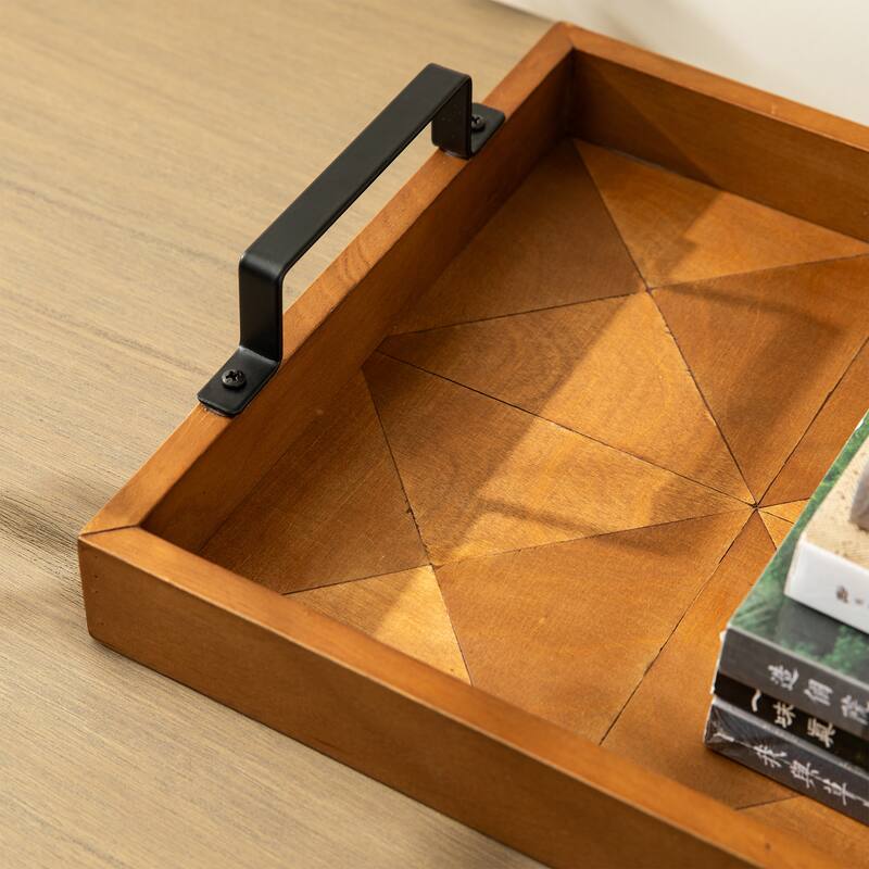 Glitzhome 2-Piece 18"/21"L Rectangle Wooden Geometric Carved Trays with Metal Handles