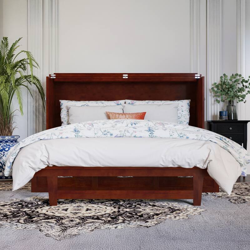 Northfield Queen Murphy Bed Chest with 6" Mattress, Storage Drawer & Built-In Charger in Walnut