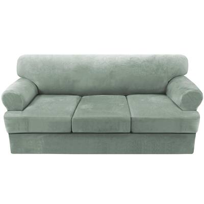 Sofa Cover 4 Piece T Cushion Sofa Slipcovers Thick Velvet Couch Cover Stretch T Cushion Sofa Covers, Sea Grass