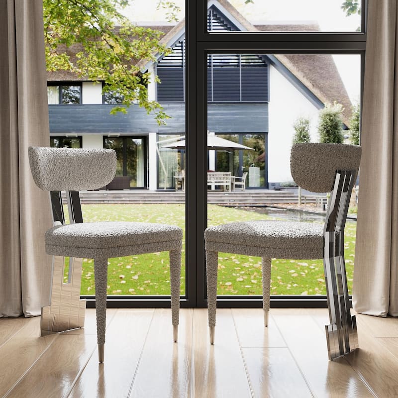 70 inch Clear Tempered Glass Dining Table Set with Grey Boucle Dining Chairs