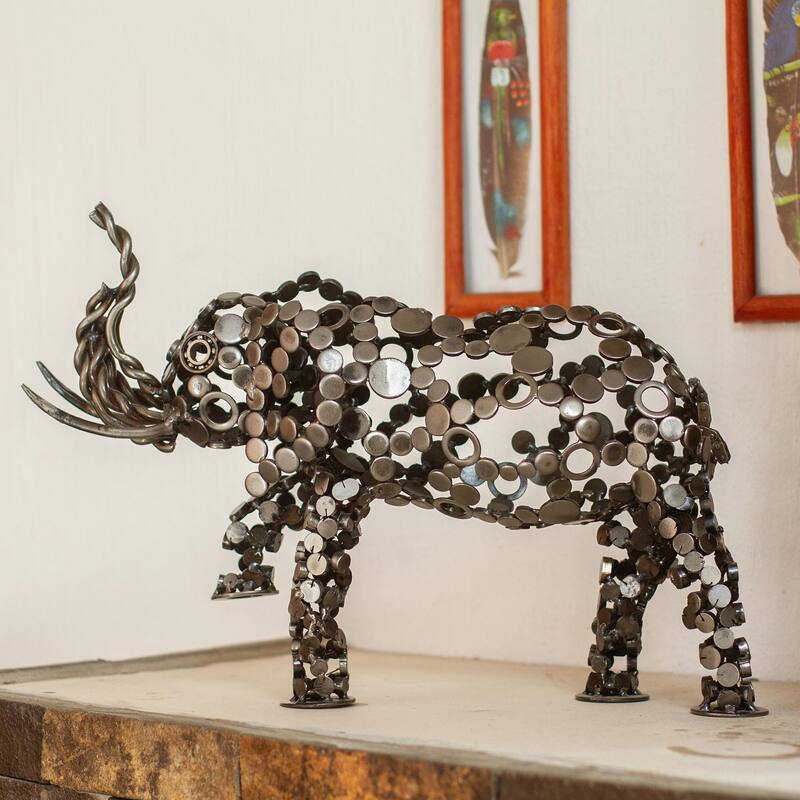 Novica Handmade Rustic Male Elephant Upcycled Metal Sculpture