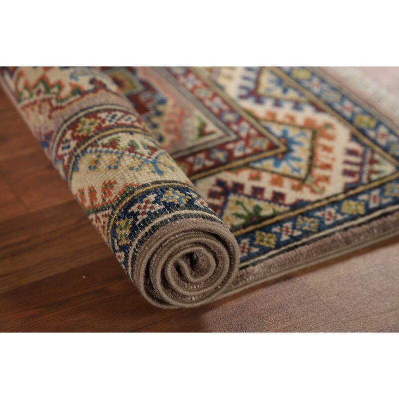 Geometric Kazak Oriental Accent Rug Hand-Knotted Brown Wool Carpet - 2'1" x 2'10"