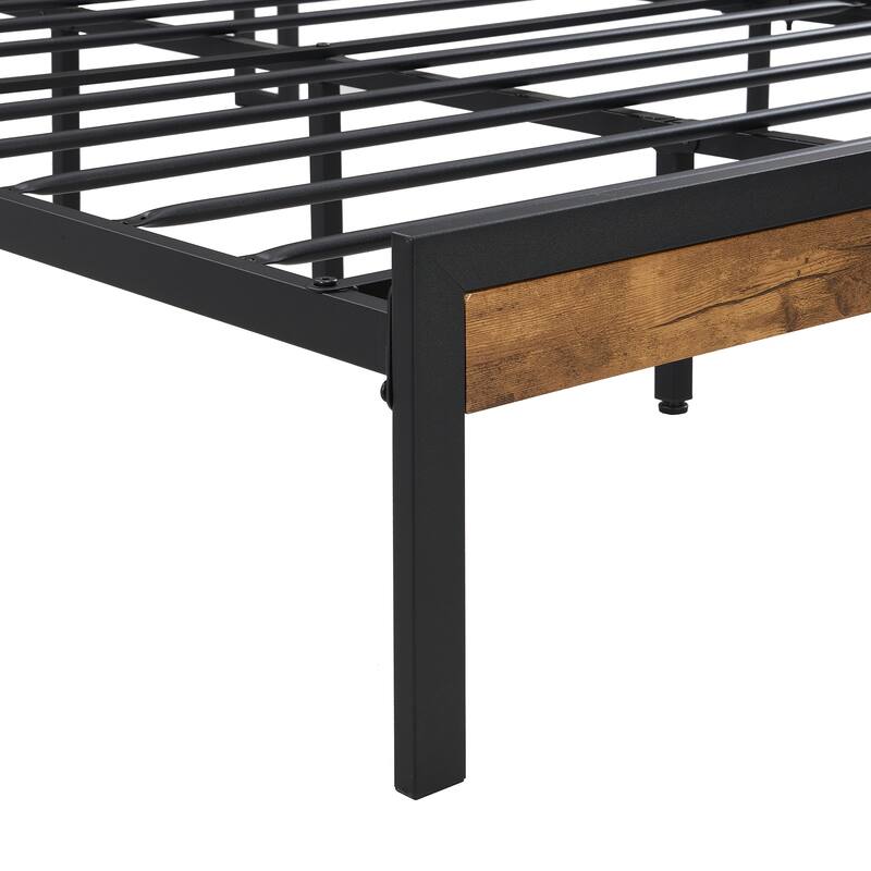 Full Size Metal Platform Bed Frame with Wooden Headboard, USB Port, Under Bed Storage, No Box Spring Needed