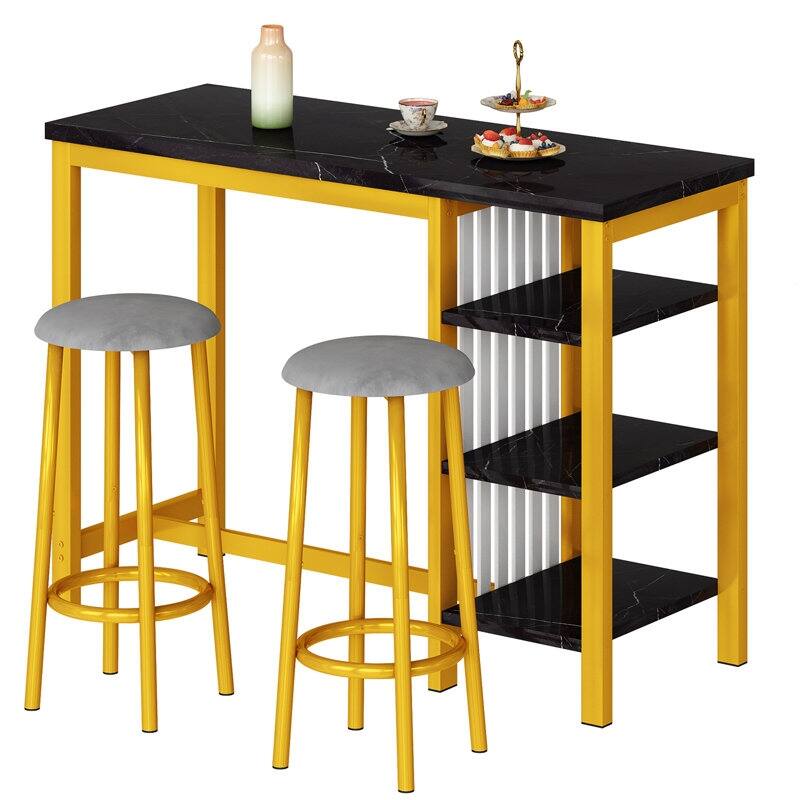 Bar Table Set with Storage Shelves, Faux Marble Breakfast Table with 2 Velvet Stools for Kitchen/Dinning Room/Living Room/Studio