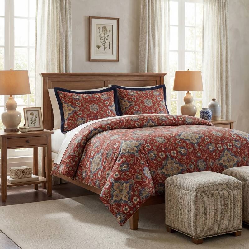 HiEnd Accents Melinda Red/Navy Washed Linen Vintage Floral Medallion 3 Piece Duvet Cover Set