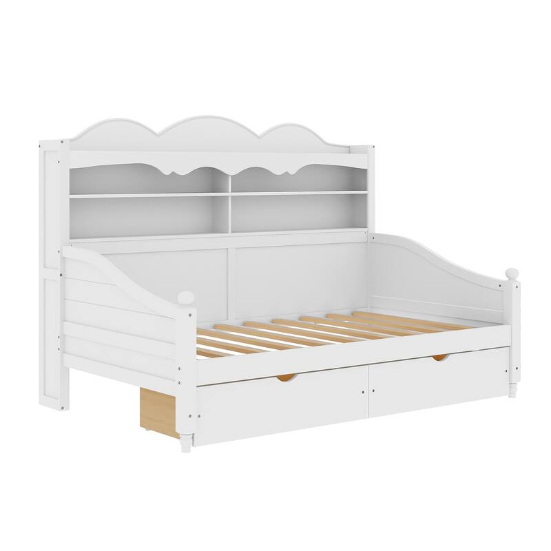 Twin Daybed with Storage Drawers and Headboard Shelving Wooden Frame
