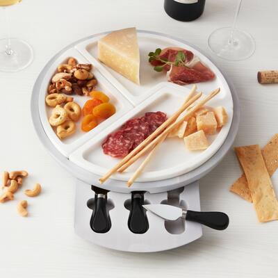 Marble and Acacia Wood Multi-Sectional Cheese Board & Knife Set (Whitewash)