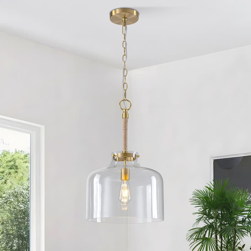 Starsky 1-Light Clear Glass Bell Jar / Cloche Pendant With Rope Accent