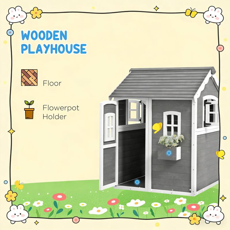 GDFStudio Outdoor Rowan Fir Wood Kids Playhouse with Windows and Plant Box - Gray