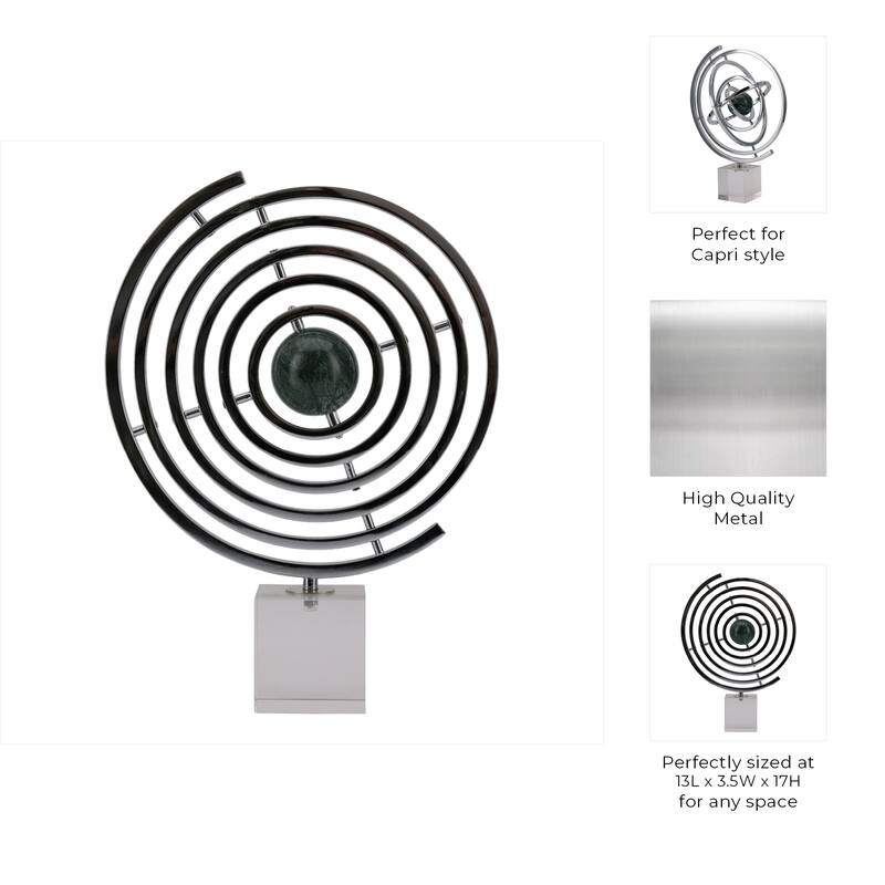 Metal Armillary Modern Geometric Sculpture Marble Base - 17" Blue - 13" x 3.5" x 17"