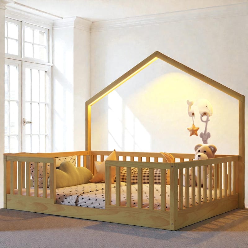 Wood Floor Bed with High Guardrails and LED Light, Montessori Style Low Profile Bed for Kids
