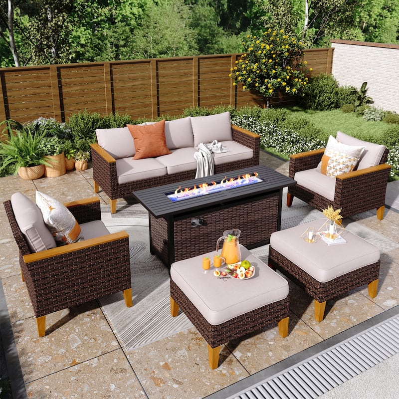8-Piece Patio Outdoor Wicker Sectional Sofa Set, Large Seating Furniture Conversation Sets with Fire Pit Table - 7-Seat - Type H