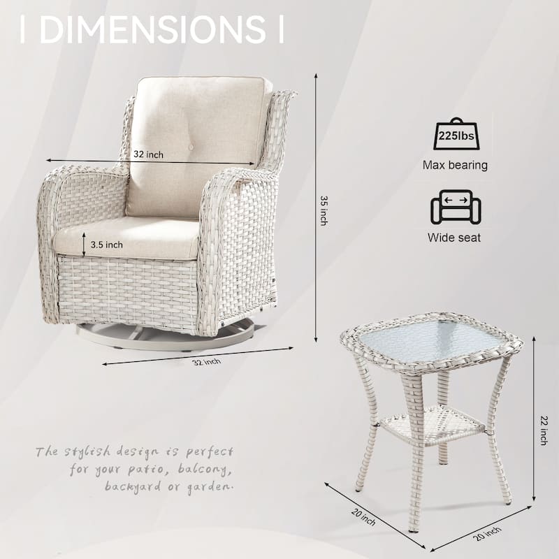Cozywor 3-Piece Grey Wicker Patio Swivel Outdoor Rocking Chair Set