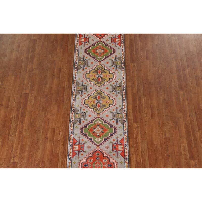 Geometric Green Kazak Indian Runner Rug Handmade Wool Carpet - 2'7"x 9'1"
