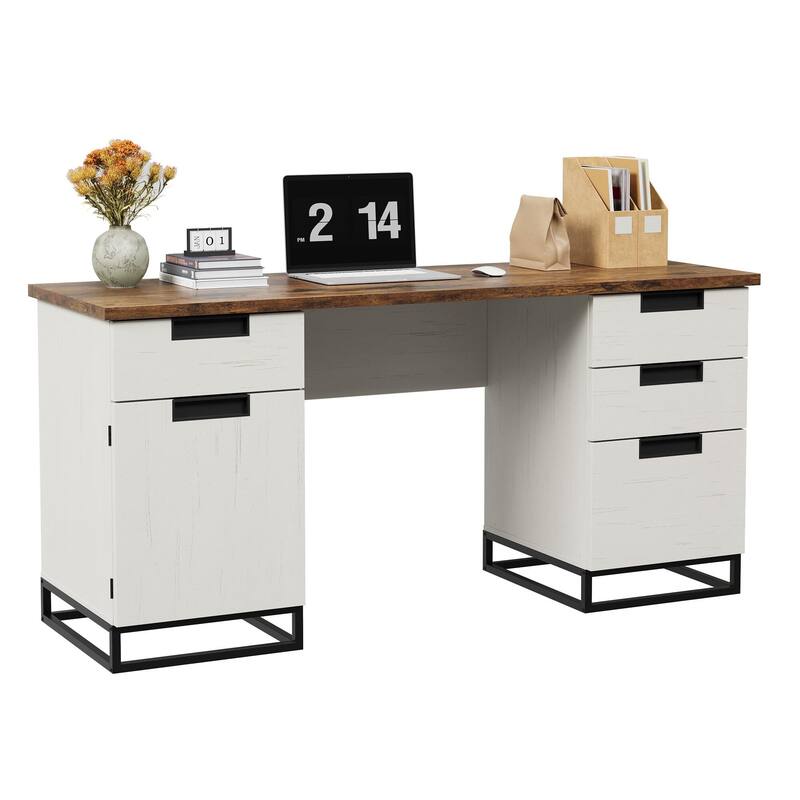 59" Farmhouse Executive Desk, Home Office Desk with File Drawer and Storage Cabinet - White