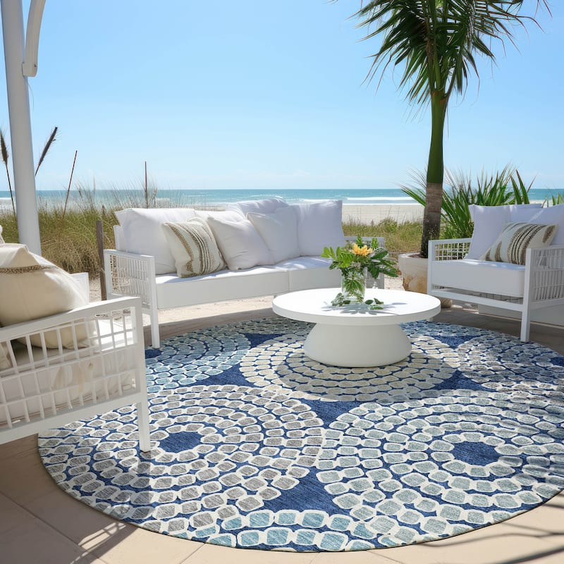 Machine Washable Indoor/ Outdoor Chantille Contemporary Geo Rug - Navy - 8' x 8'