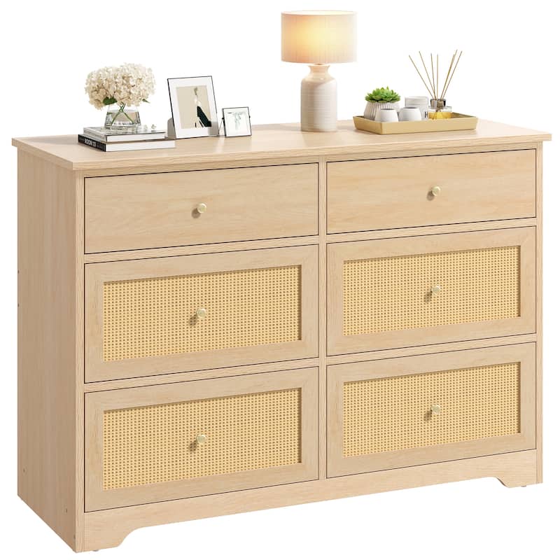 Moasis 6-Drawer Rattan Storage Chest of Drawers Cabinet Dresser - Natural Wood