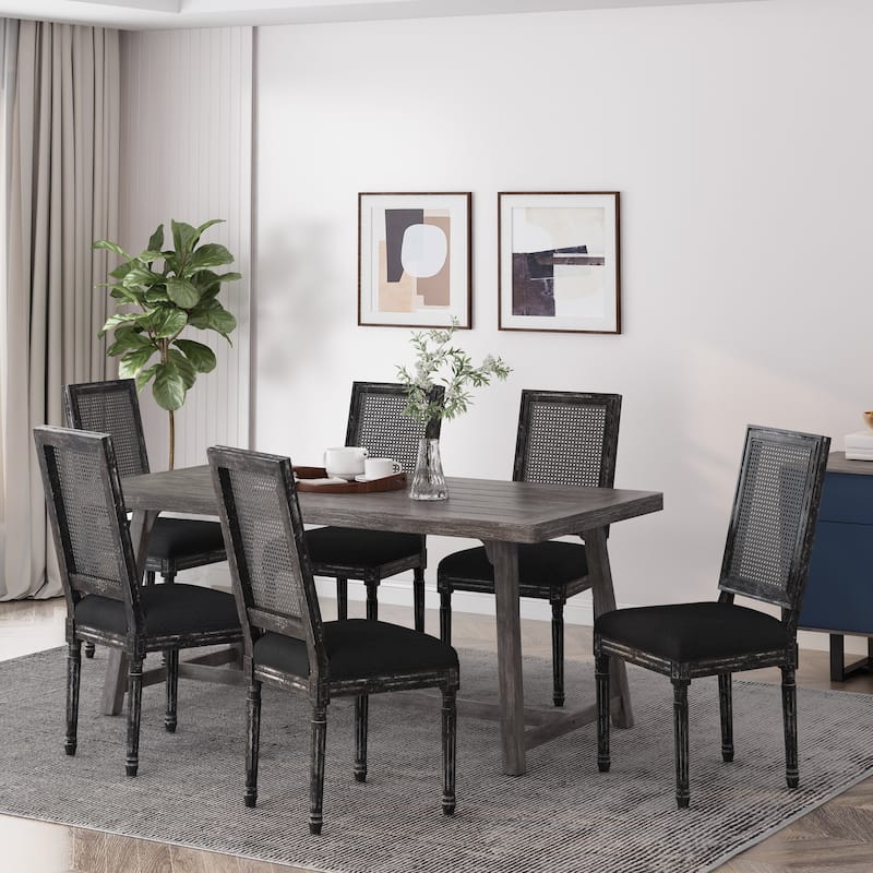 Regina French Country Wood and Cane Upholstered Dining Chair (Set of 6) by Christopher Knight Home - Black + Gray